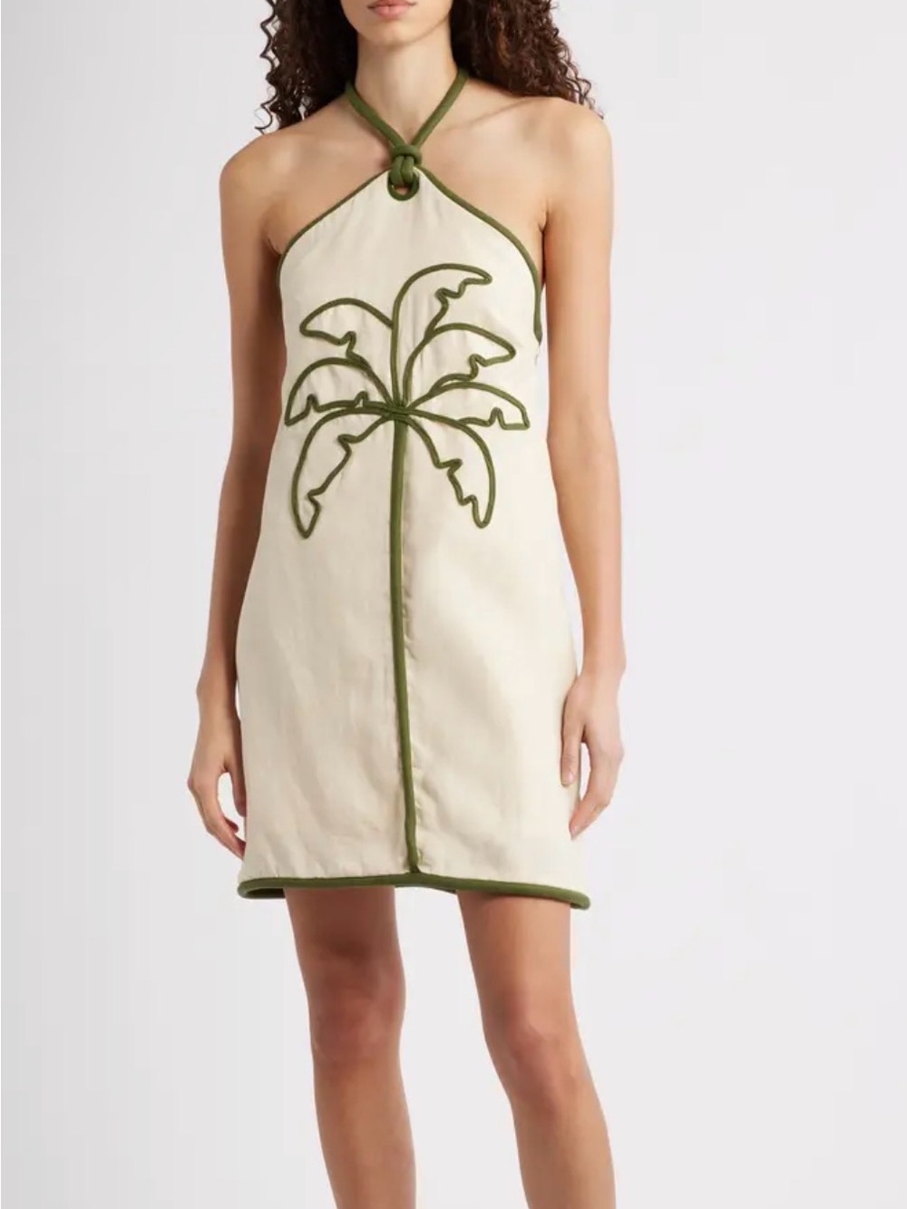 FARM Rio Cream Halter Mini Dress with Olive Palm Motif